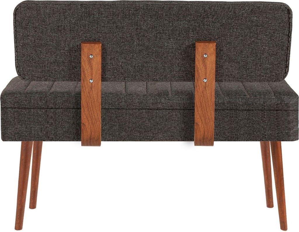 A back view of a dark gray upholstered bench with wooden accents and legs, presented on a white background.
