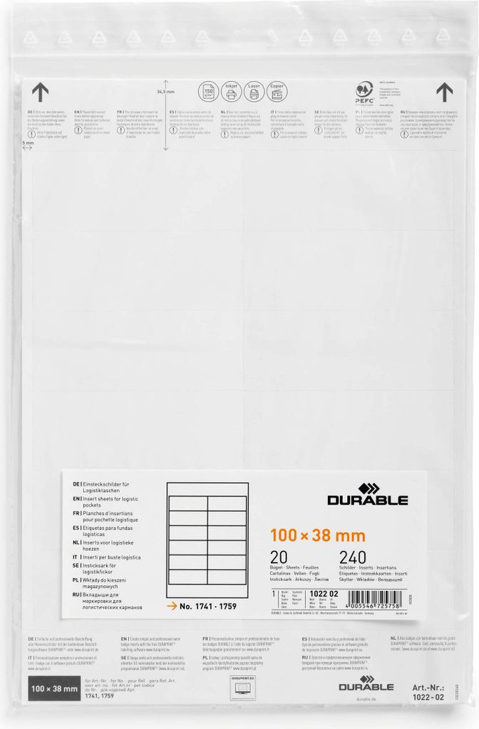 Einsteckschild für Logistiktasche 100x38mm weiß VE=240 Produktbild 