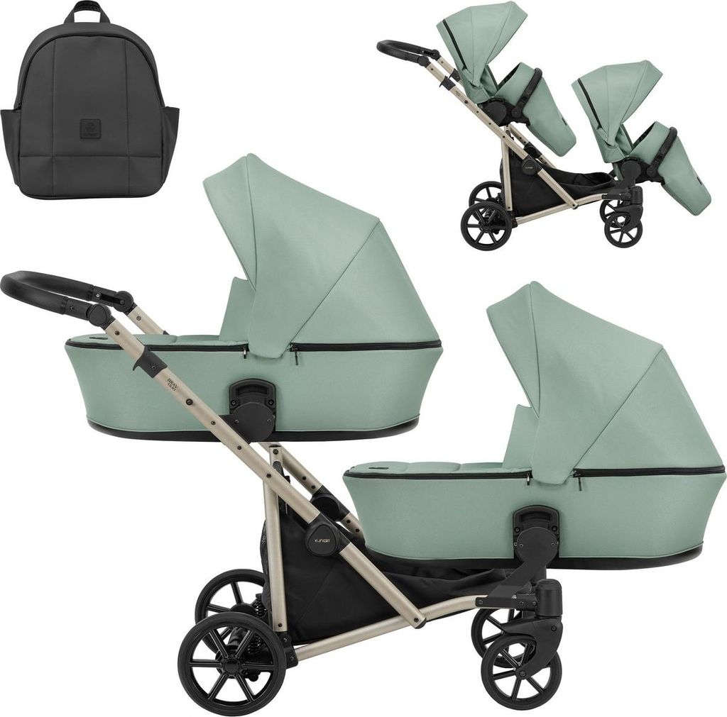 Kunert BRAV DUO 2in1 Doppelkinderwagen in Mint mit Gelben Rädern und Champagnerfarbenem Rahmen