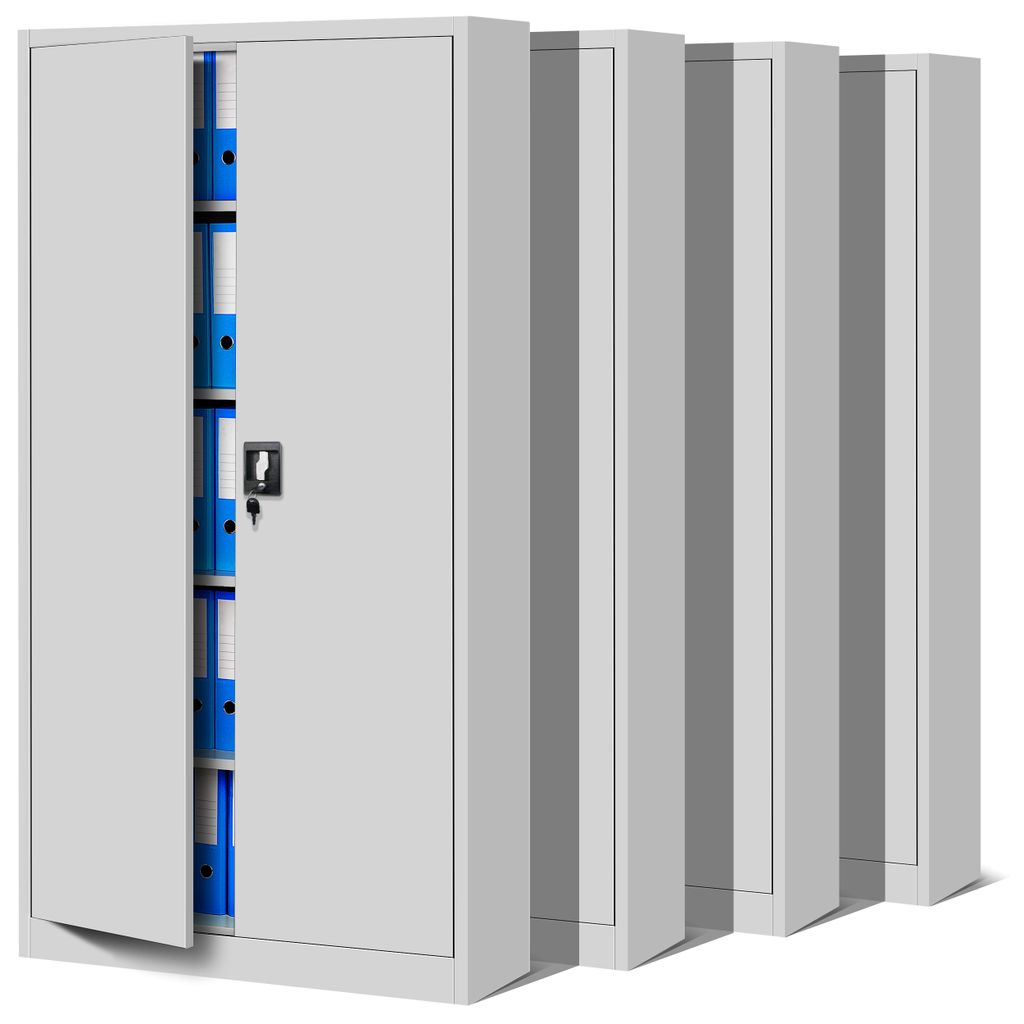 A row of metal filing cabinets, with one cabinet door open revealing folders.