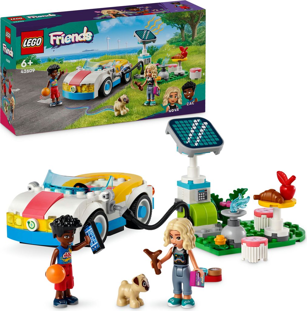 LEGO Friends E-Auto mit Ladestation, Elektroauto für Kinder, Auto-Spielzeug für Rollenspiele mit den Figuren Nova und Zac, kleines Set, Geschenk ...