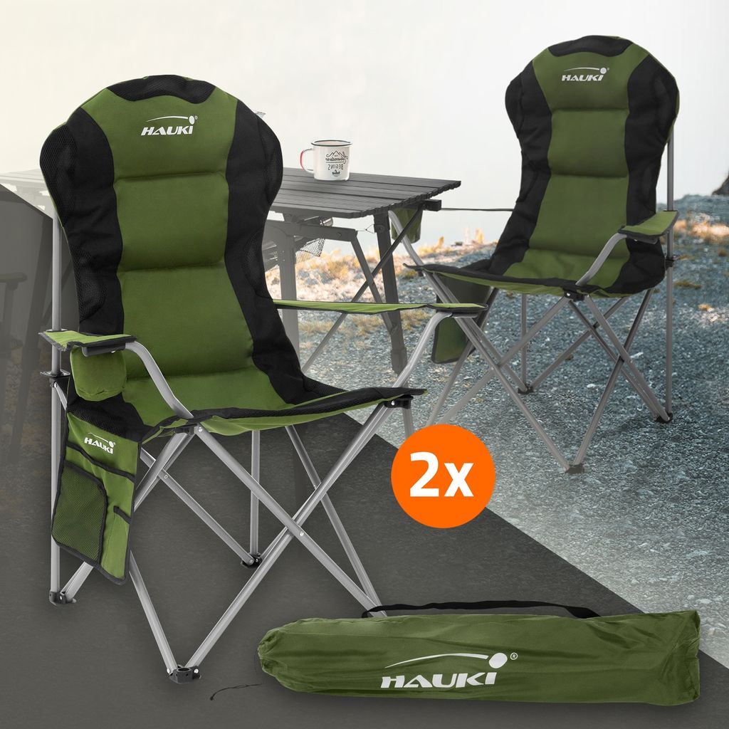 Hauki 2x Campingstuhl faltbar, Khaki, Angelstuhl mit Getränkehalter & Tragetasche
