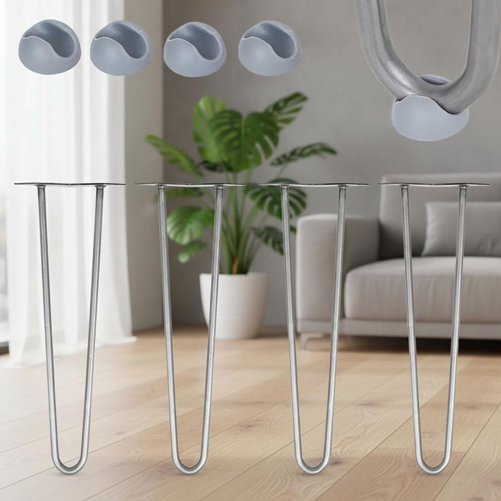 A collage showing table legs and protective caps for them, with a living room background.