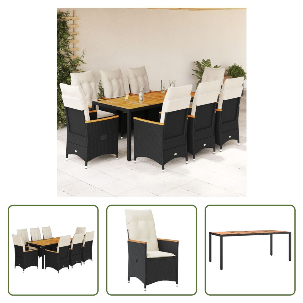 The Living Store 9-tlg. Garten-Essgruppe mit Kissen Schwarz Poly Rattan