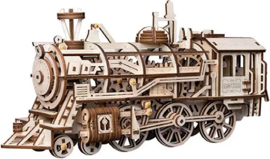 A 3D wooden mechanical steam locomotive model.
