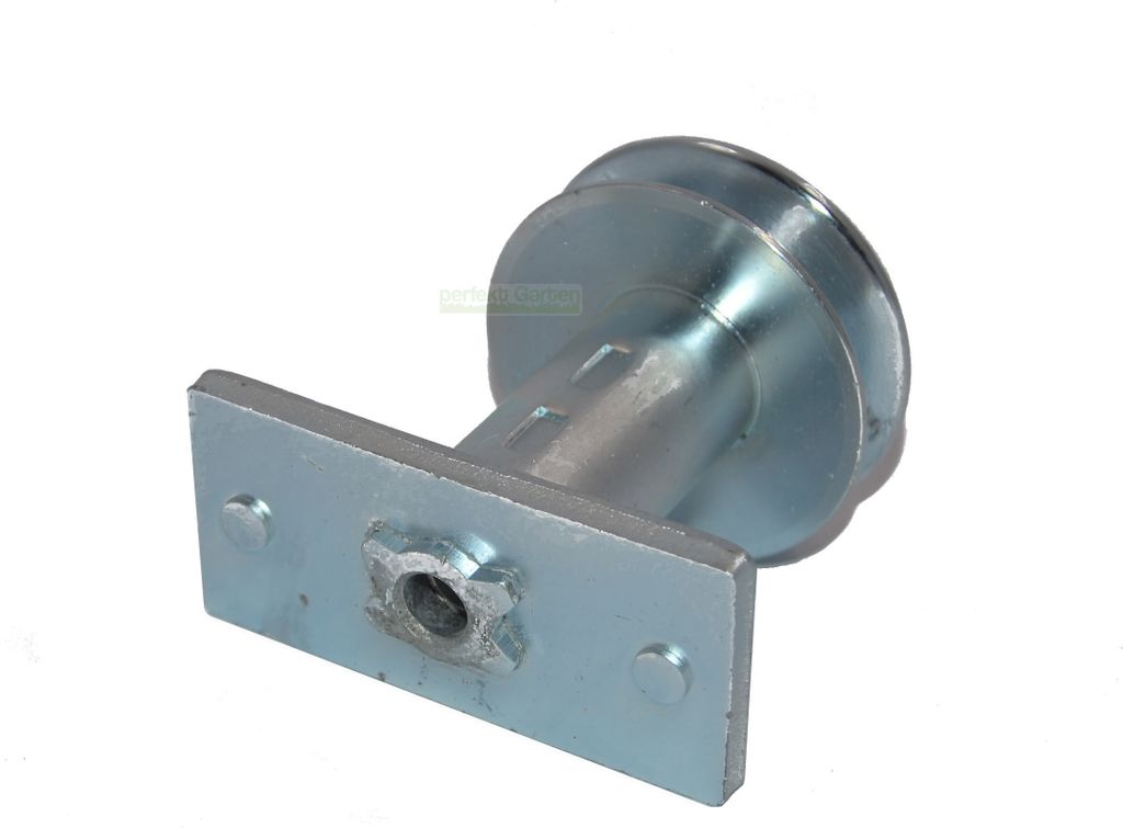 A metal pulley with a mounting plate, isolated on a white background.