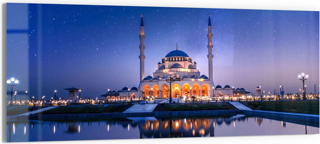 DEQORI Glasbild Echtglas 125x50 cm 'Sharjah Moschee bei Nacht' Wandbild Bild modern Deko
