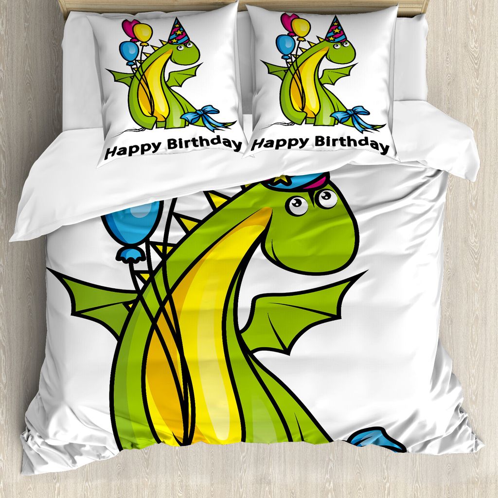 ABAKUHAUS Geburtstag Bettbezug, Geburtstags-Dinosaurier, Milbensicher Allergiker geeignet mit Kissenbezügen, 200 cm x 200 cm - 80 x 80 cm, Farn-Gr...