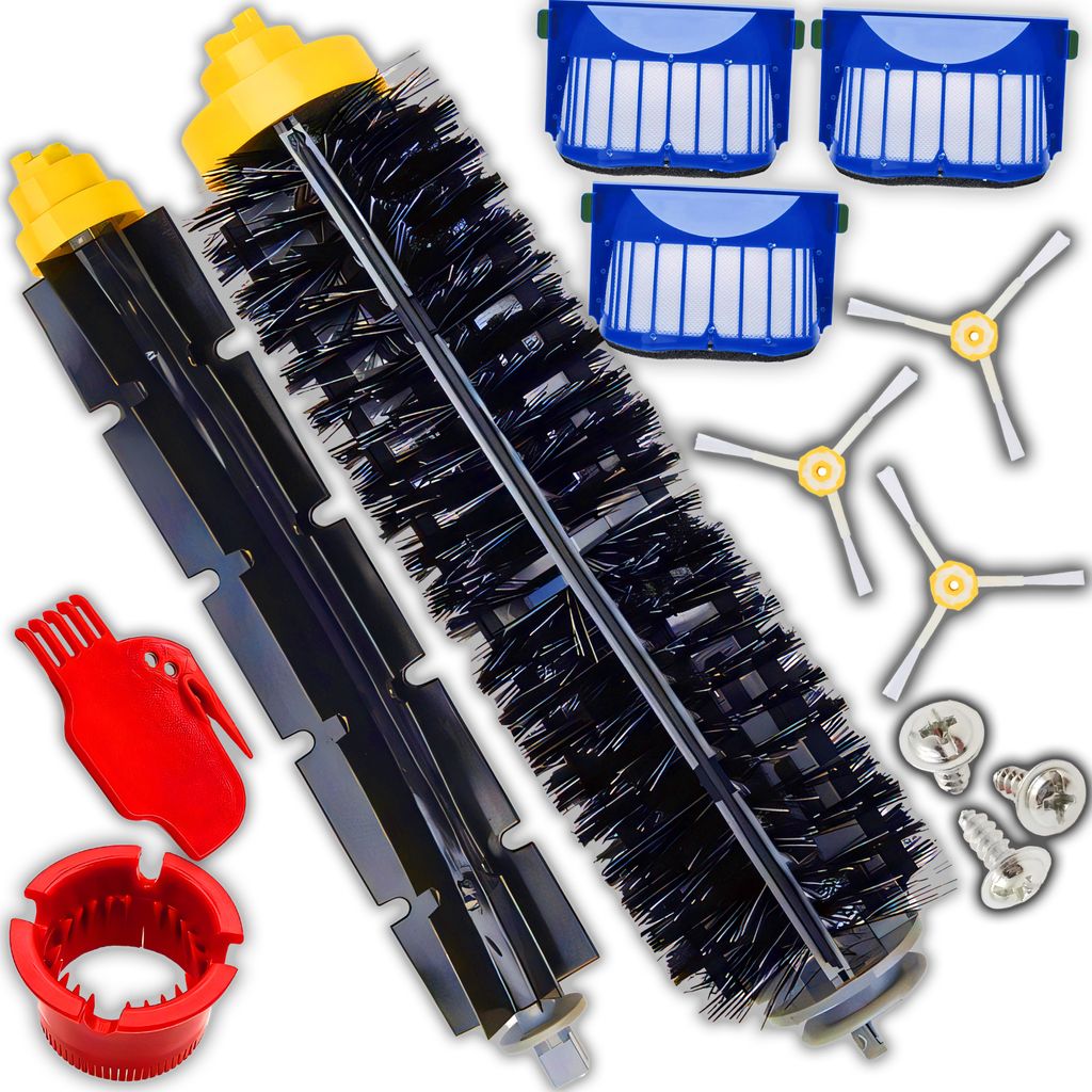 A collection of cleaning accessories for a robot vacuum cleaner, including brushes, filters, and screws, arranged on a white background.