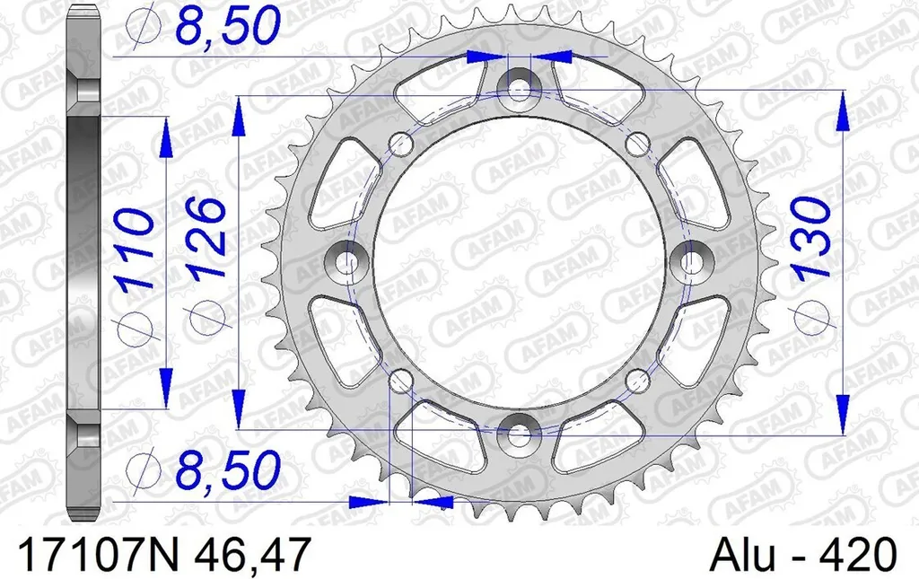 Couronne Alu AFAM 420 47 Dents 17107N-47 pour Moto Argentée - ID 110mm