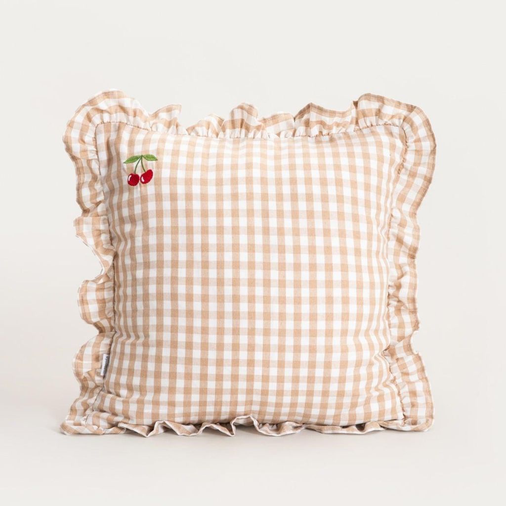 HOMLA ABRIL beige karierter Kopfkissenbezug mit dekorativer Stickerei 45x45 cm