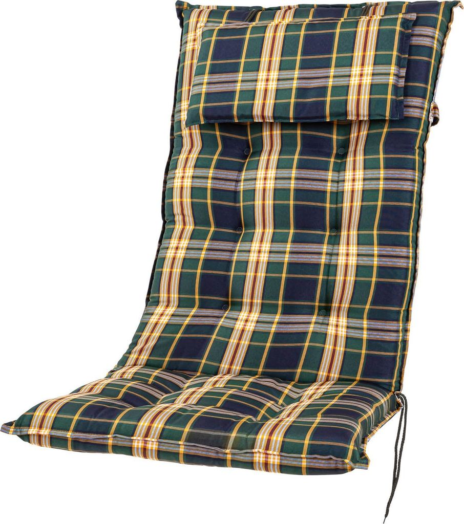 A plaid chair cushion with a headrest, shown from a diagonal angle against a white background.