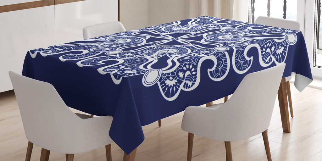 ABAKUHAUS orientalisch Tischdecke, Bohemian persischen Blumenmotiv mit Paisley-Blätter und Zier Strudel, 140 x 240 cm, Indigo Weiß
