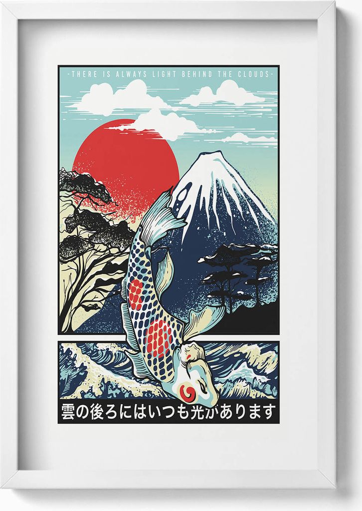 Japanische Illustration des Berges Fuji und Koi-Fische– Wandbild mit Rahmen – Gerahmtes Bild – Wanddekoration – 40x60 cm – Weiß