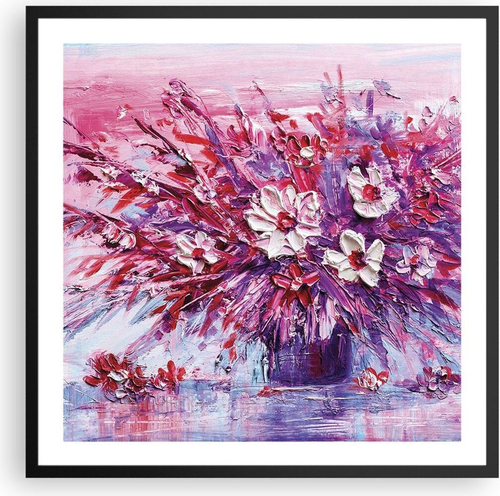 Gerahmtes Poster - Schwarzer Rahmen - Pastos Blumen Rosa - 60x60 cm - Wand Bild - Wanddeko - Wandbilder - Kunstposter - Wandposter - Bilderrahmen -...