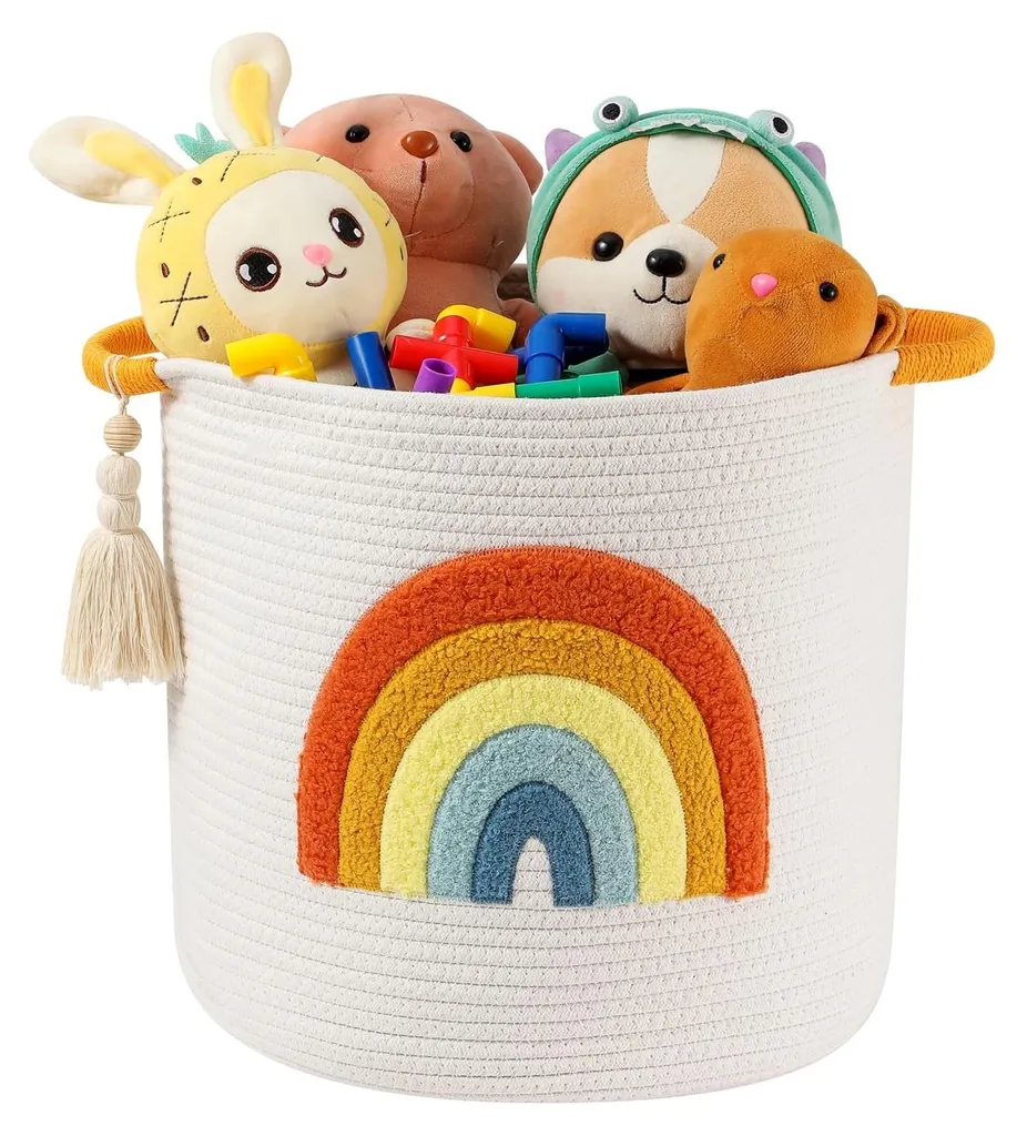 Panier de rangement arc-en-ciel en coton tressé pour couvertures et doudous