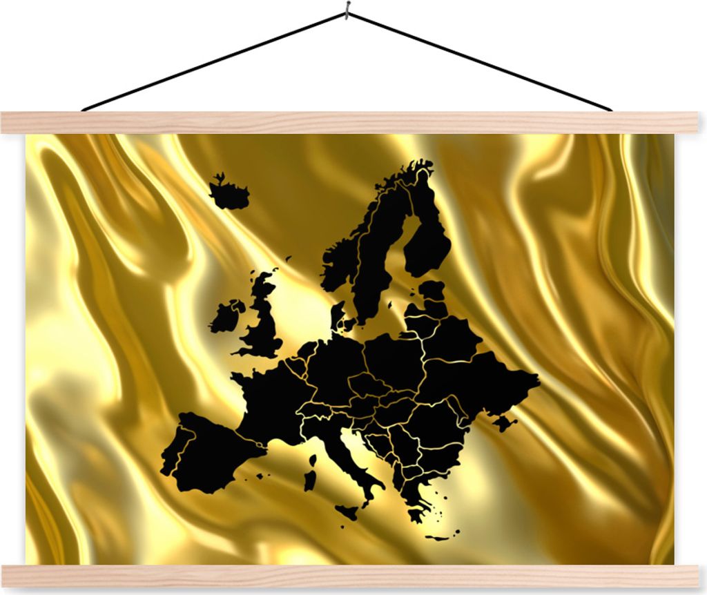 MuchoWow Textilposter Karte von Europa - Schwarz und Gold 60x40 cm mit holzfarbenen Rahmen - Bilder