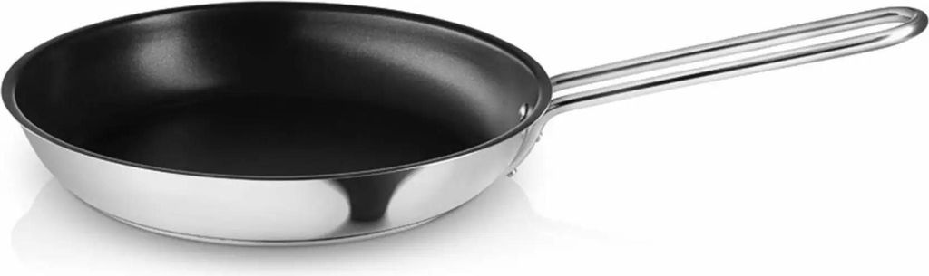 A stainless steel frying pan with a black non-stick interior and a silver handle, shown from a side angle on a white background.