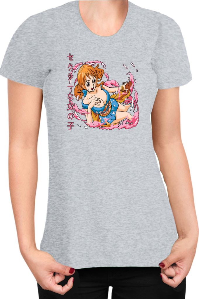 Damen T-Shirt Japan Manga Anime Comics Animation One Manga Piece Anime Nami Hero, Lady L / Grau