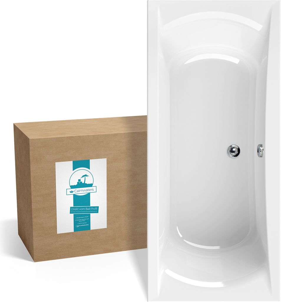 Calmwaters Rechteck-Badewanne 180x80 cm, Acrylwanne Modern Curved, Duo-Badewanne für zwei Personen, ergonomische Körperformbadewanne, Maße 180...