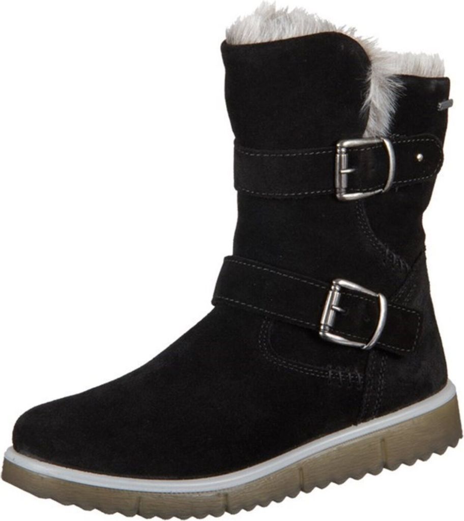 A black winter boot with fur lining and buckles.