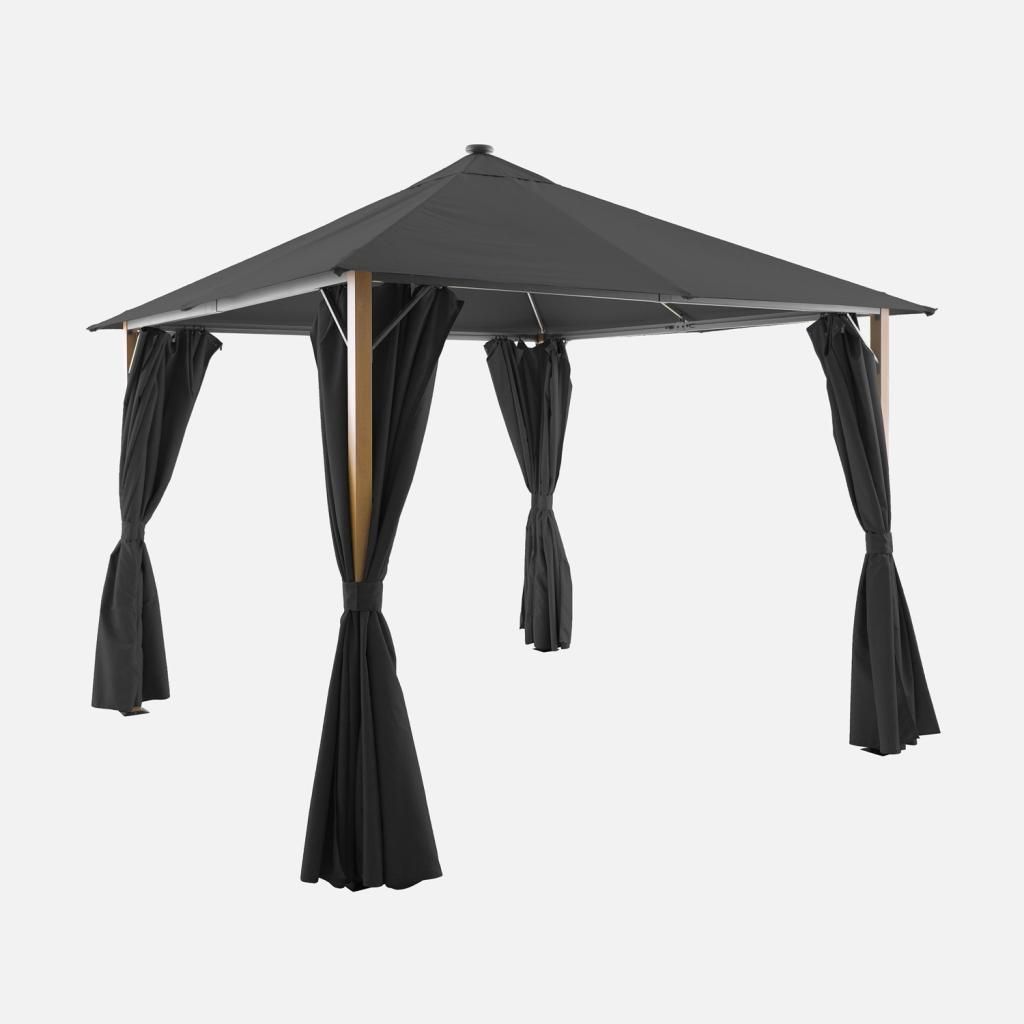 sweeek - Pavillon 3x3m Aluminium Holzoptik mit Vorhängen und LED - Anthrazit