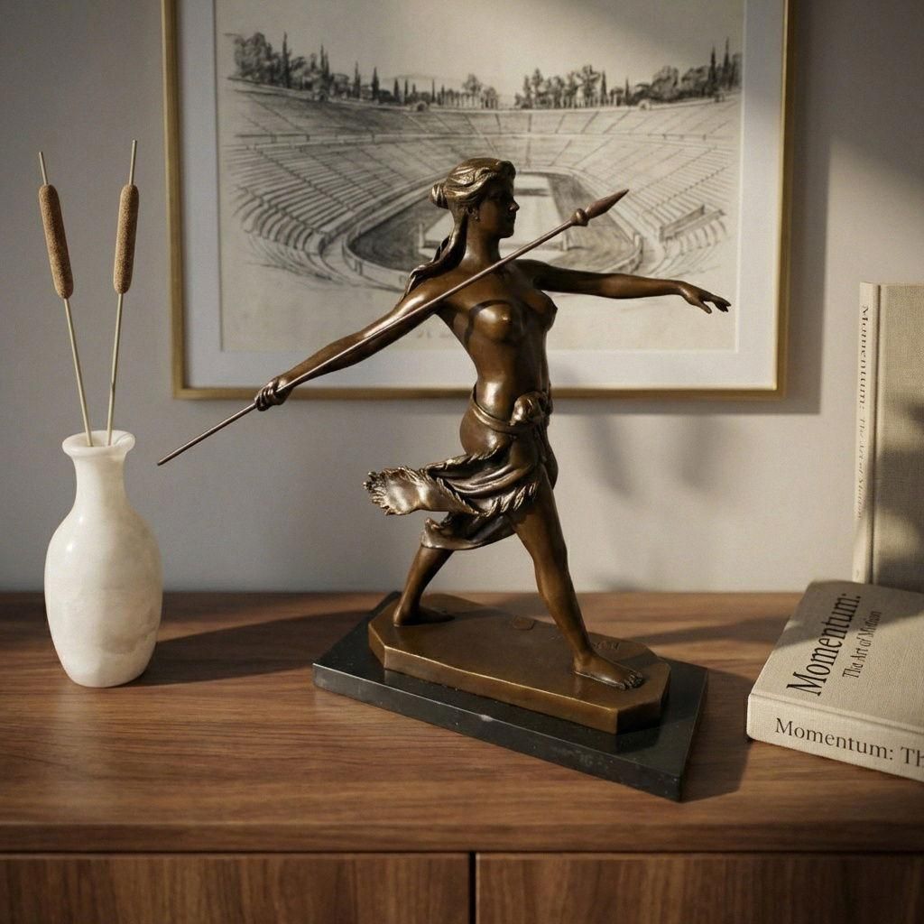 Bronzefigur Speerwerferin, archaisches Motiv, patiniert, Marmorsockel, H. 30 cm.