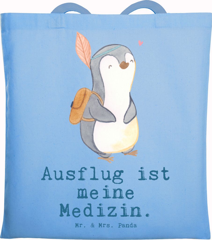 Mr. & Mrs. Panda Jutebeutel Pinguin Ausflug - Sky Blue - Geschenk, Stoffbeutel, Tote Bag, Ausflugsziele, Laptoptasche, Uni Tasche, Ausflüge machen...