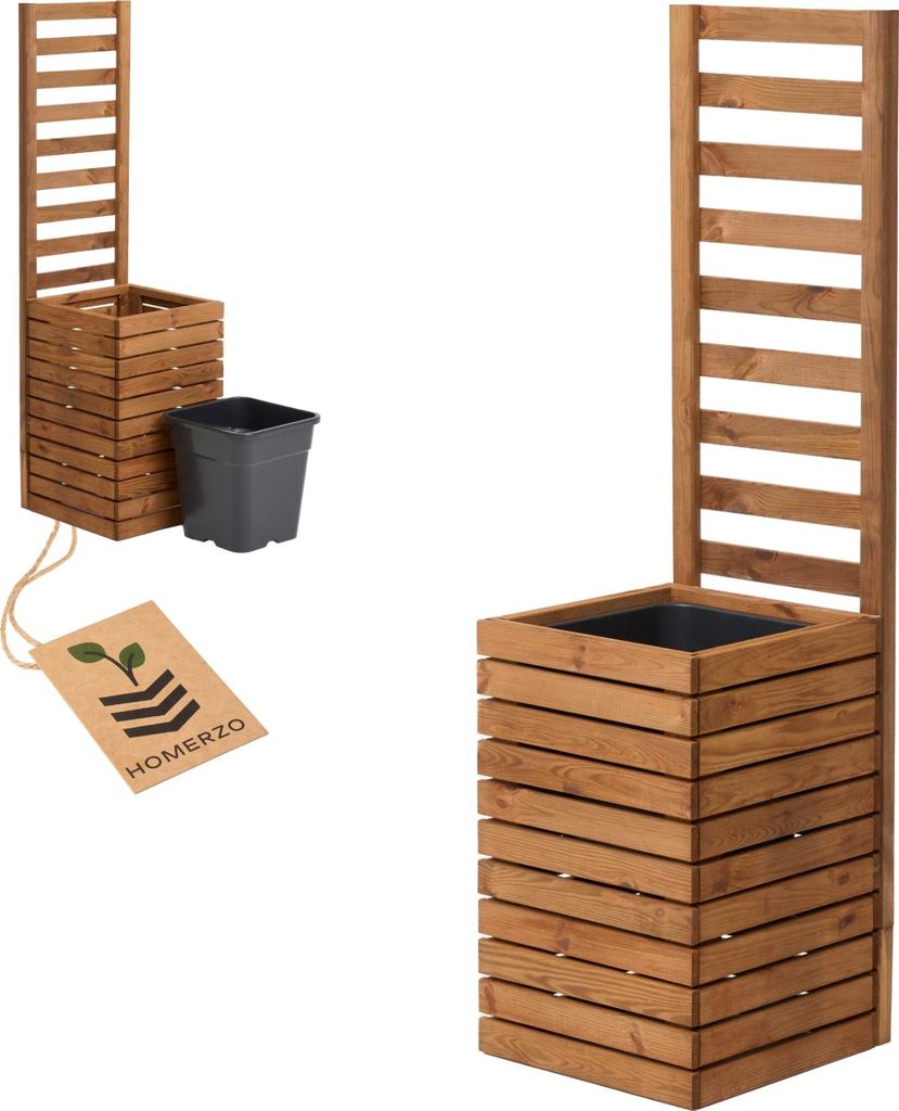 Pflanzkübel mit Rankgitter Spalier mit Pflanzkasten Blumenkasten aus Holz Hochbeet mit 1x18L Pflanzeneinsatz (horizontal-braun, 36x36x55 H132)