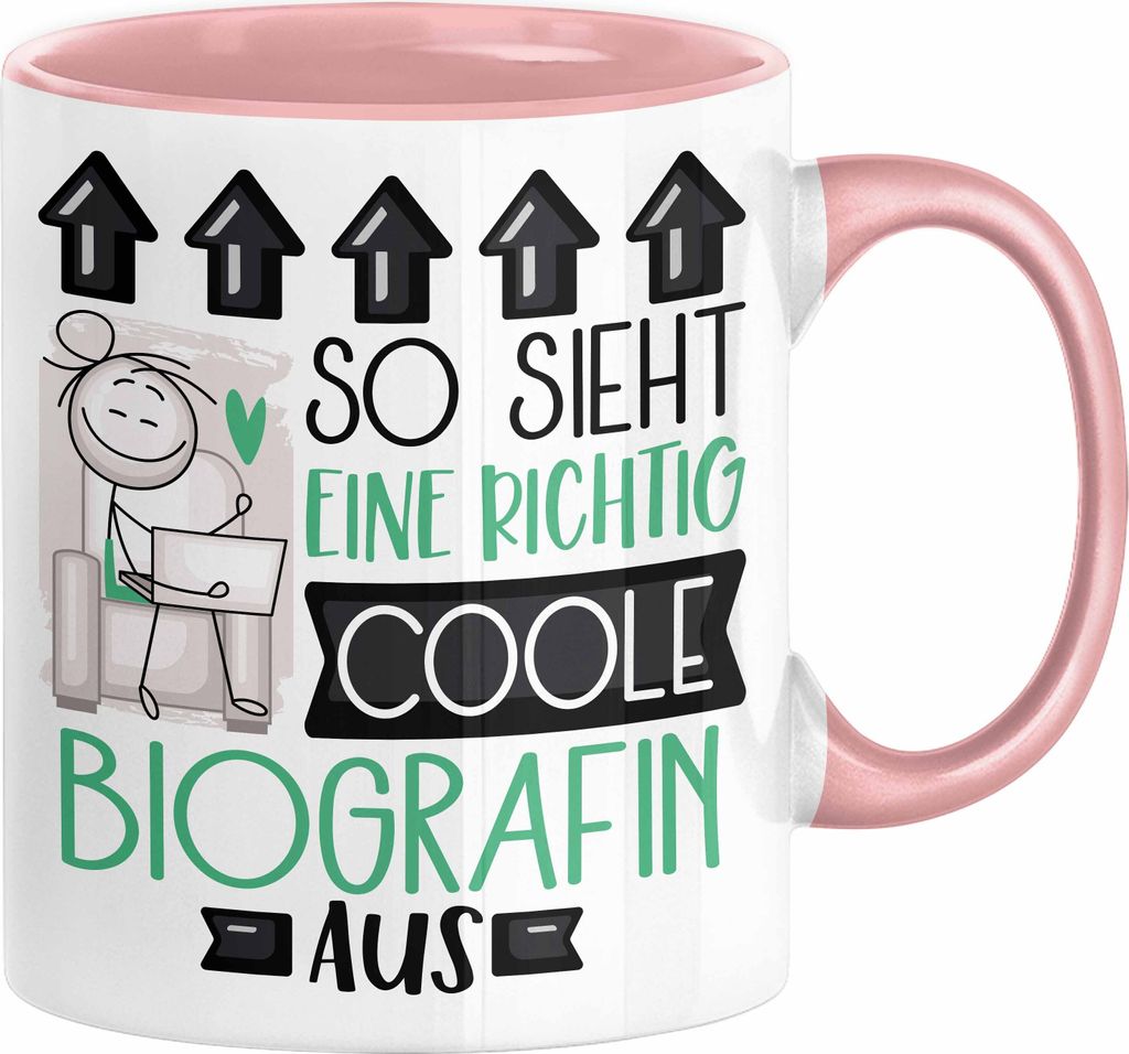 Biografin Geschenk Tasse Geschenkidee für Biografin Geburtstag Weihnachten Spruch So Sieht Eine Richtig Coole Biografin Aus Kaffee-Becher (Rosa)