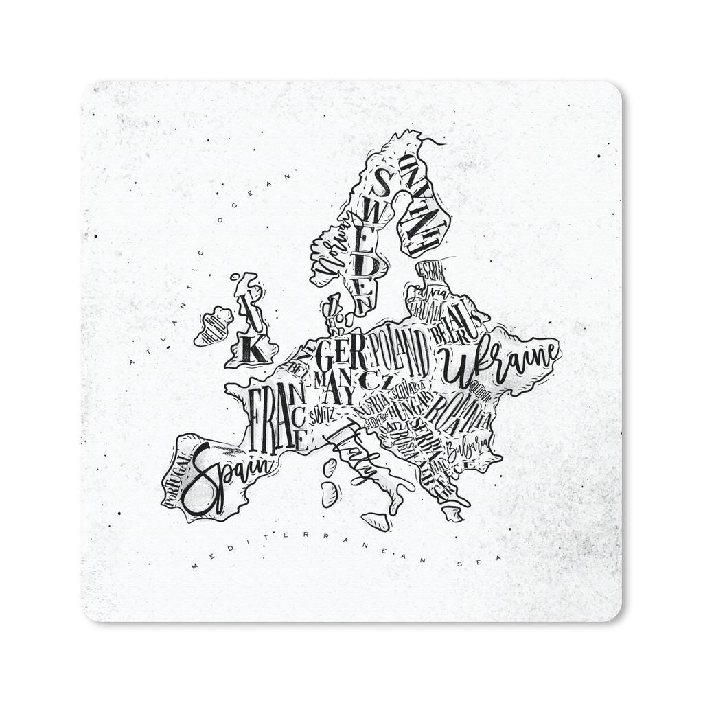 MuchoWow Mauspad Mousepad Karte - Europa - Schwarz - Weiß 20x20 cm - Mousepads - Maus Mat - Pad - Mausunterlage - Desk Mat - Bureauartikeln