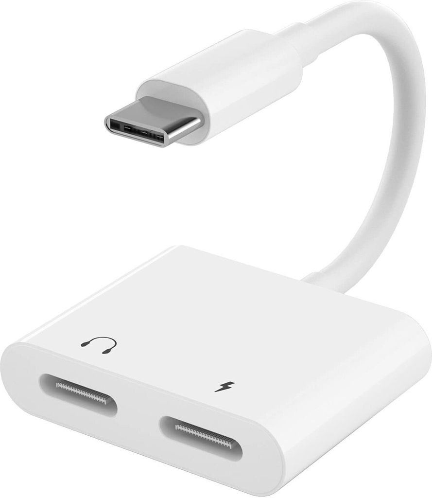 A white USB-C adapter with ports for headphones and charging.