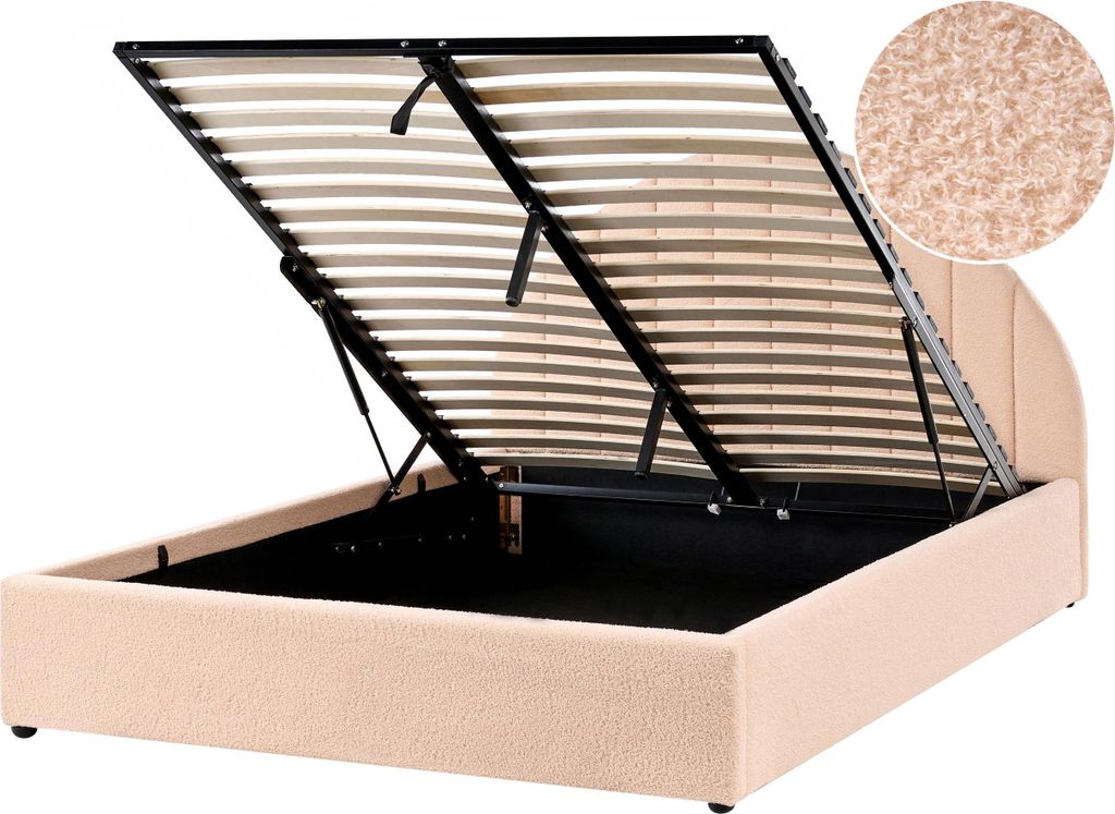 BELIANI Polsterbett Pfirsichrosa Bouclé-Stoffbezug mit Bettkasten Lattenrost 140x200cm Hochklappbar Hohes Kopfteil Gesteppt Schlafzimmer Doppelbett
