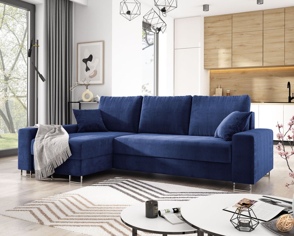 E-ZIMPAZ Sofa L-Form MORGAN Ecksofa mit Schlaffunktion Cord Sofa Polsterecke Eckcouch Wohnzimmersofa - Links Blau PS05