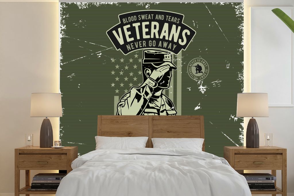 MuchoWow Fototapete für Wohnzimmer oder Schlafzimmer Wandtapete Vinyl Motivtapete Vintage - Armee - Fahne - 280x280 cm - Hintergrundbild