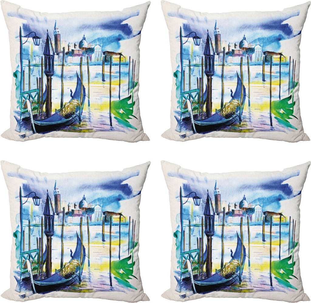 ABAKUHAUS Landschaft Kissenbezug Set (4 Stück), Boot in Venedig Italien, Moderner Doppelseitiger Digitaldruck, 45 cm x 45 cm, Blau, Lila, Grün