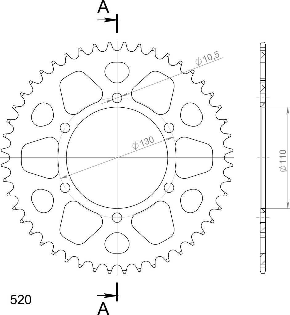 Alu-Kettenrad Supersprox 520 - 48Z (schwarz) RAL-486:48-BLK|ID 110,0 LK 130,0 6-Loch