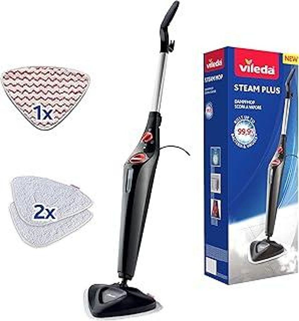 Vileda Steam Plus Dampfreiniger mit PowerPad und 2 Mikrofaser-Ersatzpads | Hygienischer Bodenreiniger für Fliesen, Laminat & Parkett | Aufheizzeit...