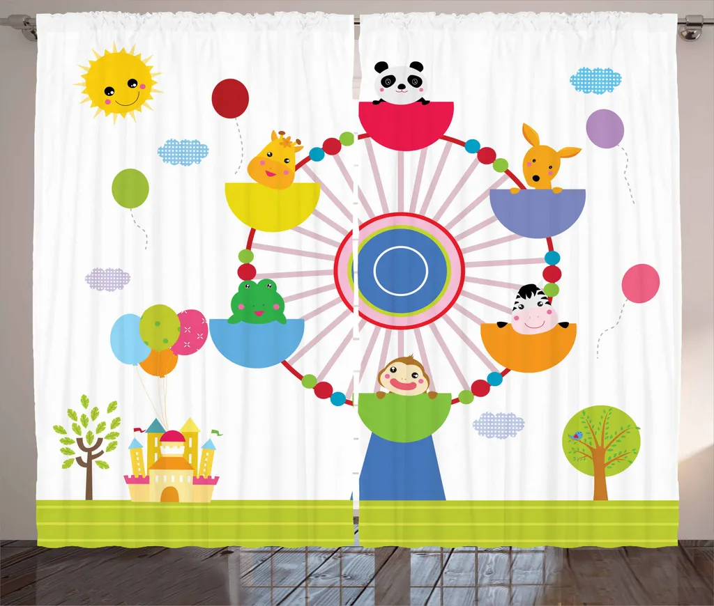 ABAKUHAUS Tenda rustica con ruota panoramica, animali da nursery, tenda con nastro arricciato per camera da letto con passanti e ganci, 280 x 245 cm, multicolore