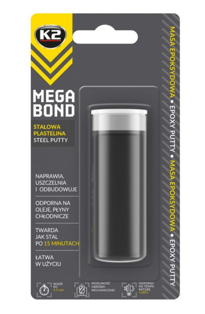A product package for K2 MEGA BOND Steel Putty.