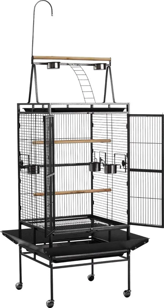 Cage oiseaux en fer forgé 83x79x210cm avec toit plat et plateau amovible