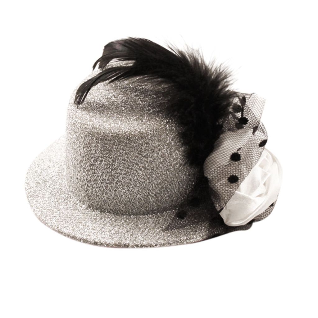 Haarklammer Hut & Feder glitzernd - Haarspange - Haarclip - groß - silber