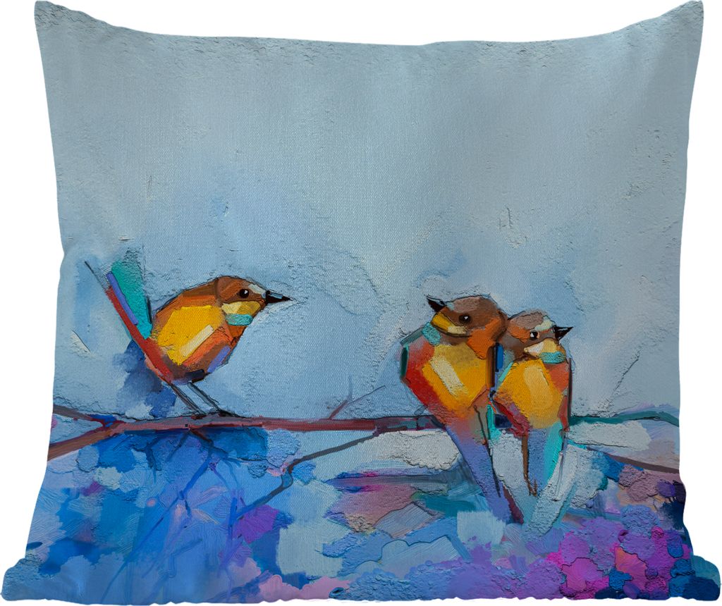 MuchoWow Outdoor Kissen - Gemälde - Ölfarbe - Vogel - Zweig - 60x60 cm - Wetterfest - Lounge Kissen - Dekoration - Schlaf Kissen