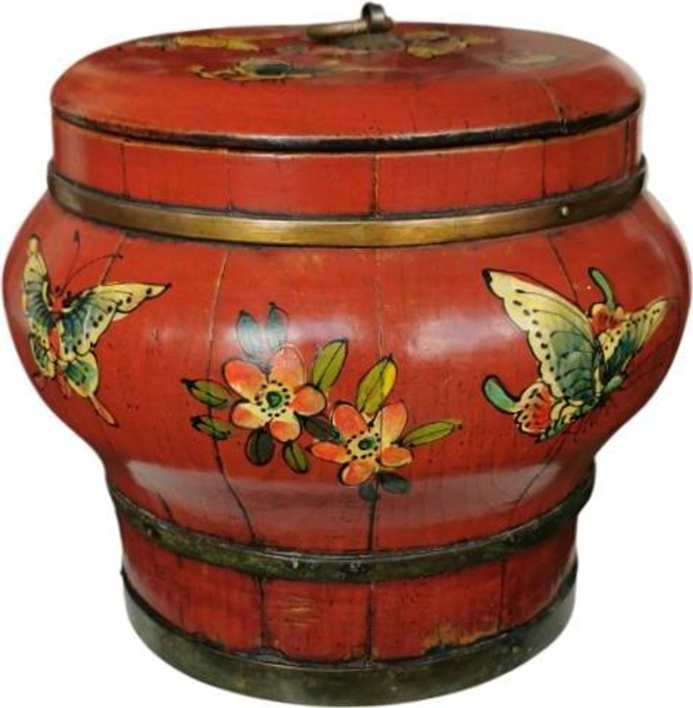 Fine Asianliving Antique Chinese Wooden Handpainted Rice Container with Lid Red D25xH25cm