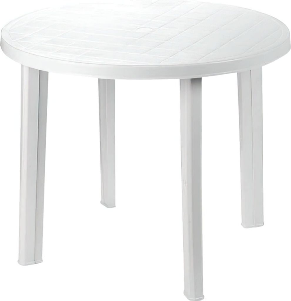Stół wykonany z białej żywicy syntetycznej, średnica 90 cm. Zdjęcie produktu 
