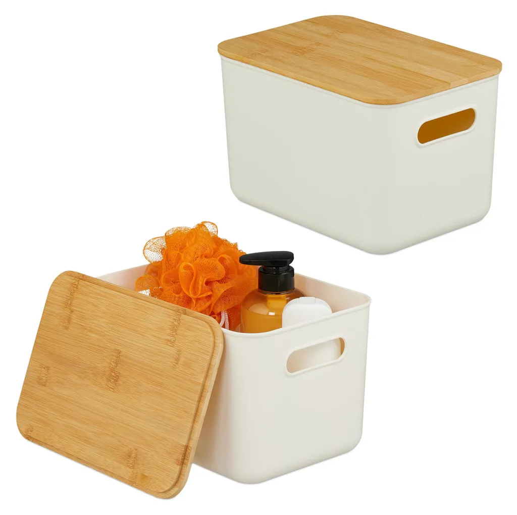 Lot 2 Boîtes Rangement Discrètes, Poignée Bambou, Plastique Blanc 26cm