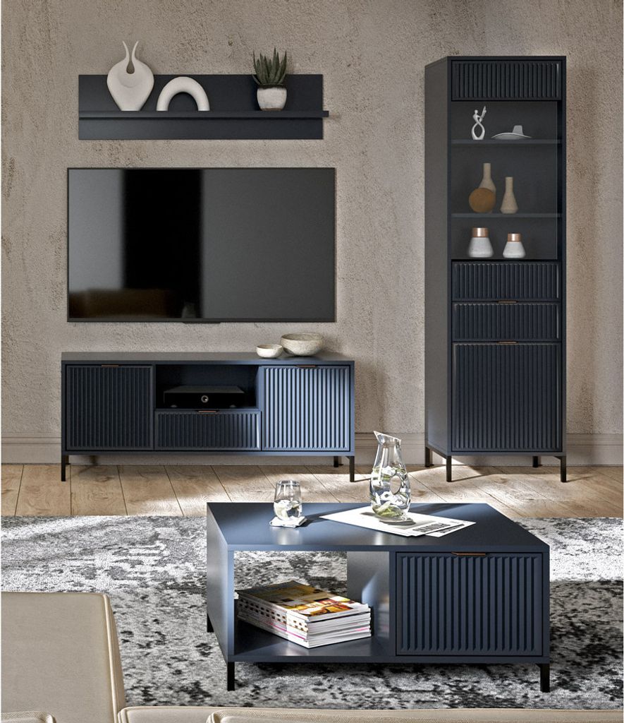 Wohnwand Indigo blau LAURO-161 modern mit Rillenoptik 4-teilig