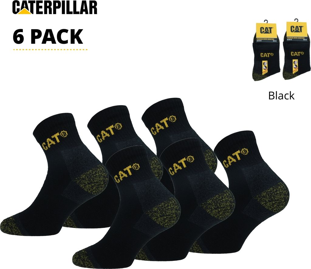 Caterpillar 6 Paar Quarter Socken / Arbeitssocken Doppelt Verstärkte Spitze Ferse Baumwolle Schwarz47-50