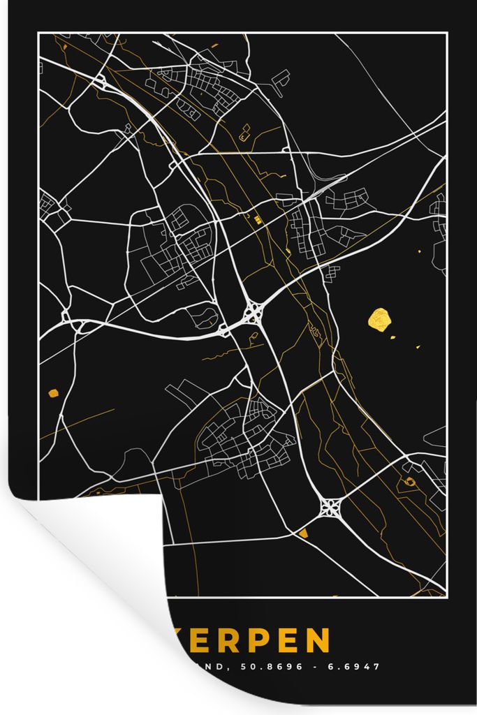 MuchoWow Wandtattoo Wandsticker Wandaufkleber Stadtplan - Karte - Kerpen - Gold - Deutschland - Karte 40x60 cm Selbstklebend und Repositionierbar...