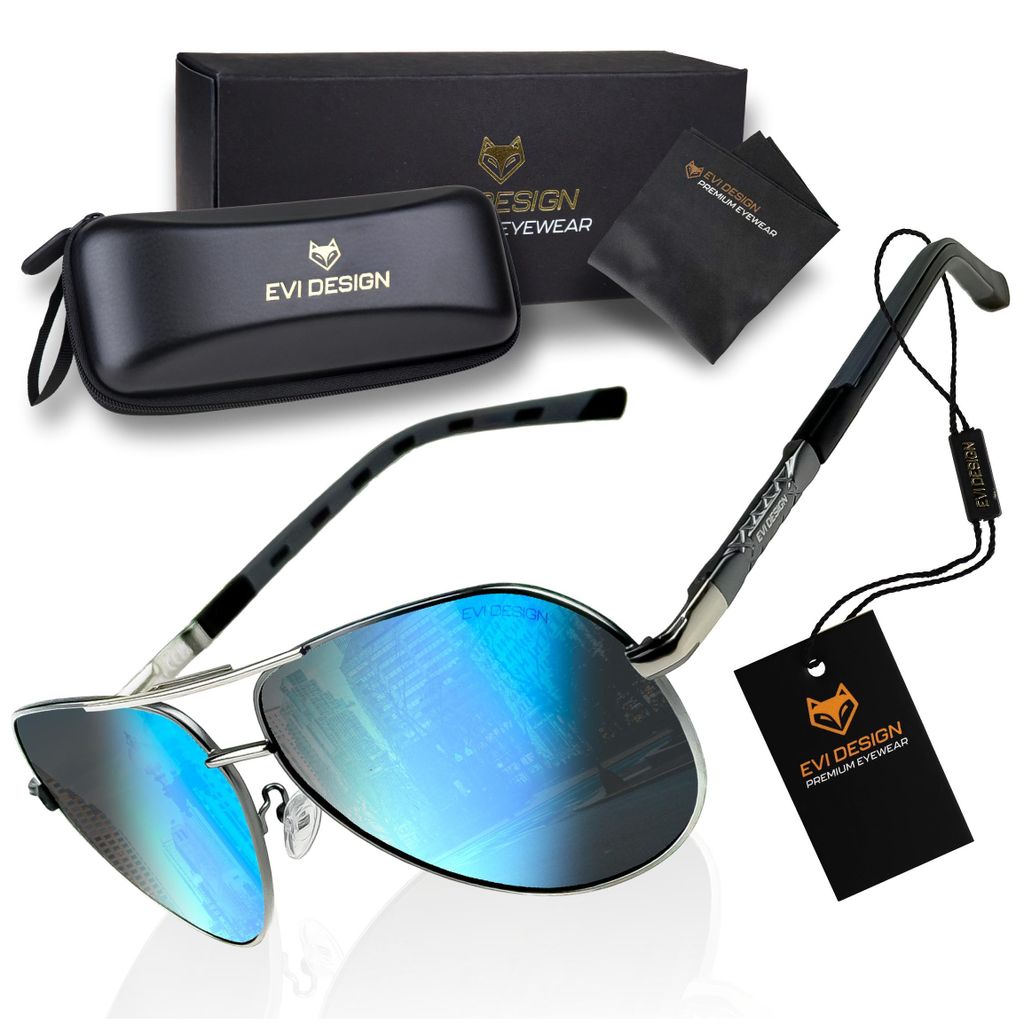 Aviator Sonnenbrille Herren Polarisiert UV400, Blaue Gläser Pilotenbrille verspiegelt, Metallrahmen inkl. Etui & Zubehör-Set, EVI DESIGN Blue
